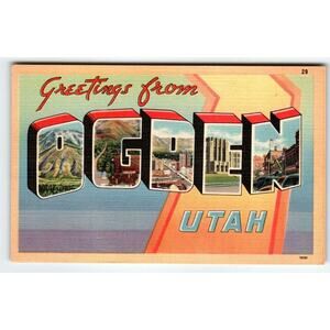 Greetings From Ogden Utah Large Big Letter Postcard Linen Unused Vintage Retro